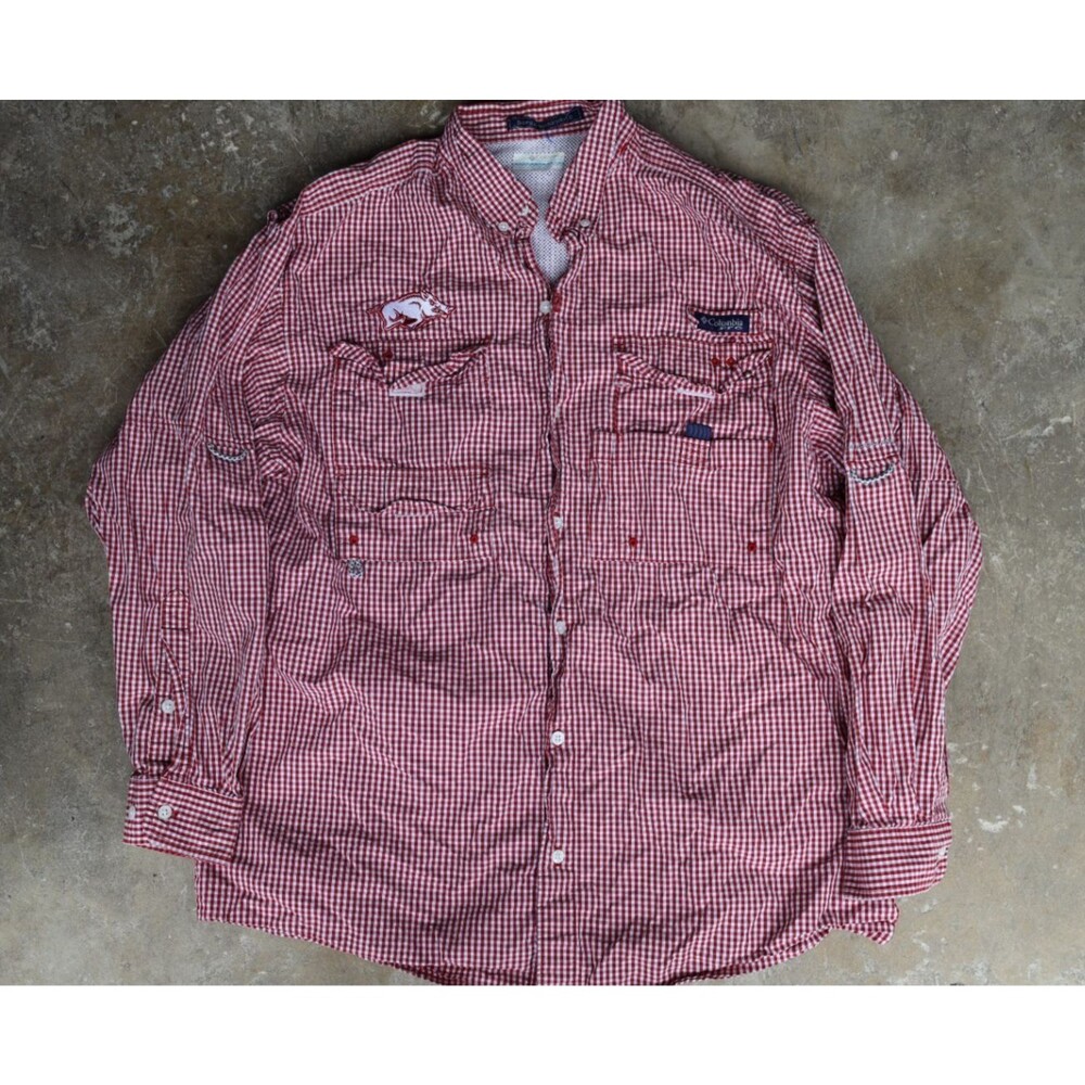 Columbia PFG Arkansas Razorbacks Super Bonehead Shirt Mens Red Gingham Fishing